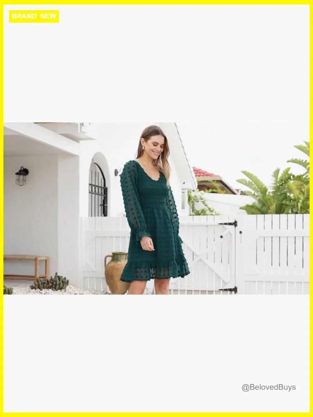 Long Sleeve V Neck Swiss Dot Smocked Ruffle Chiffon Flow Mini Dress
